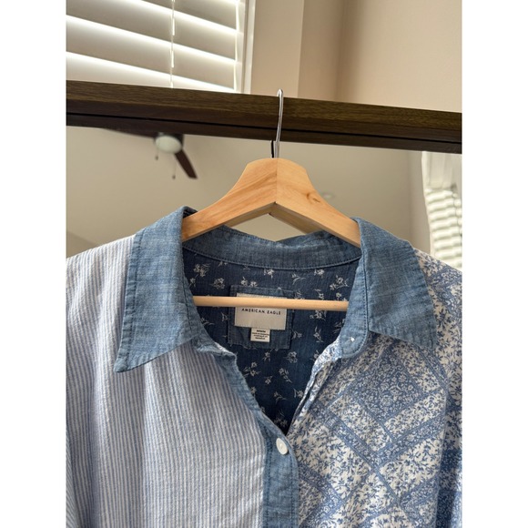 American Eagle Patchwork Striped Floral Denim Button Up Shirt Women Medium Y2K - Picture 5 of 8